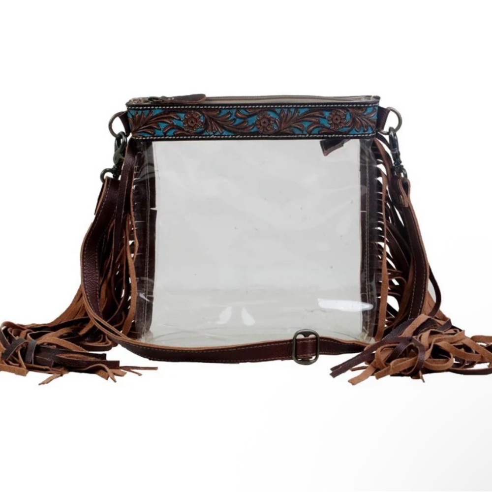 Myra Bag Brown and Clear Crossbody with Fringe